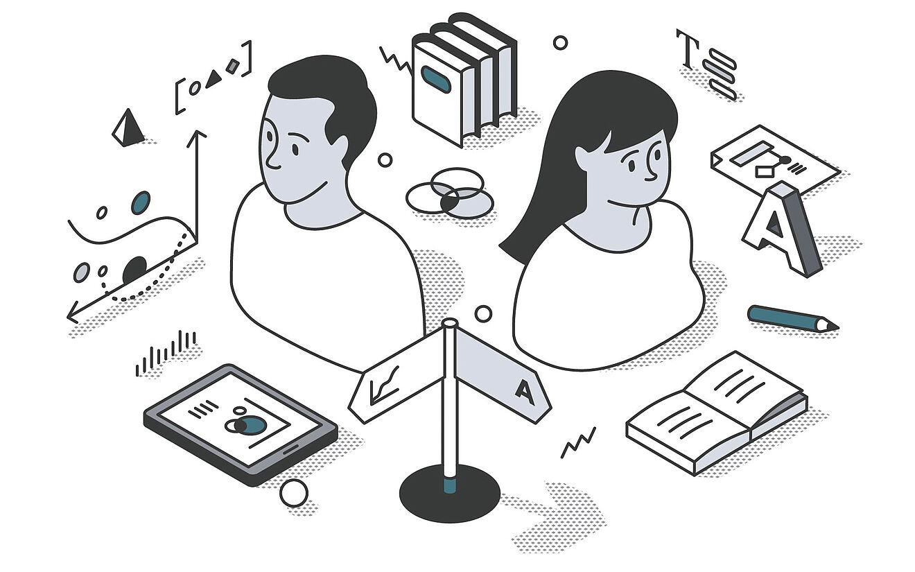 Grafik mit einer Frau und einem Mann mit Wegweiser und Motiven des Studierens